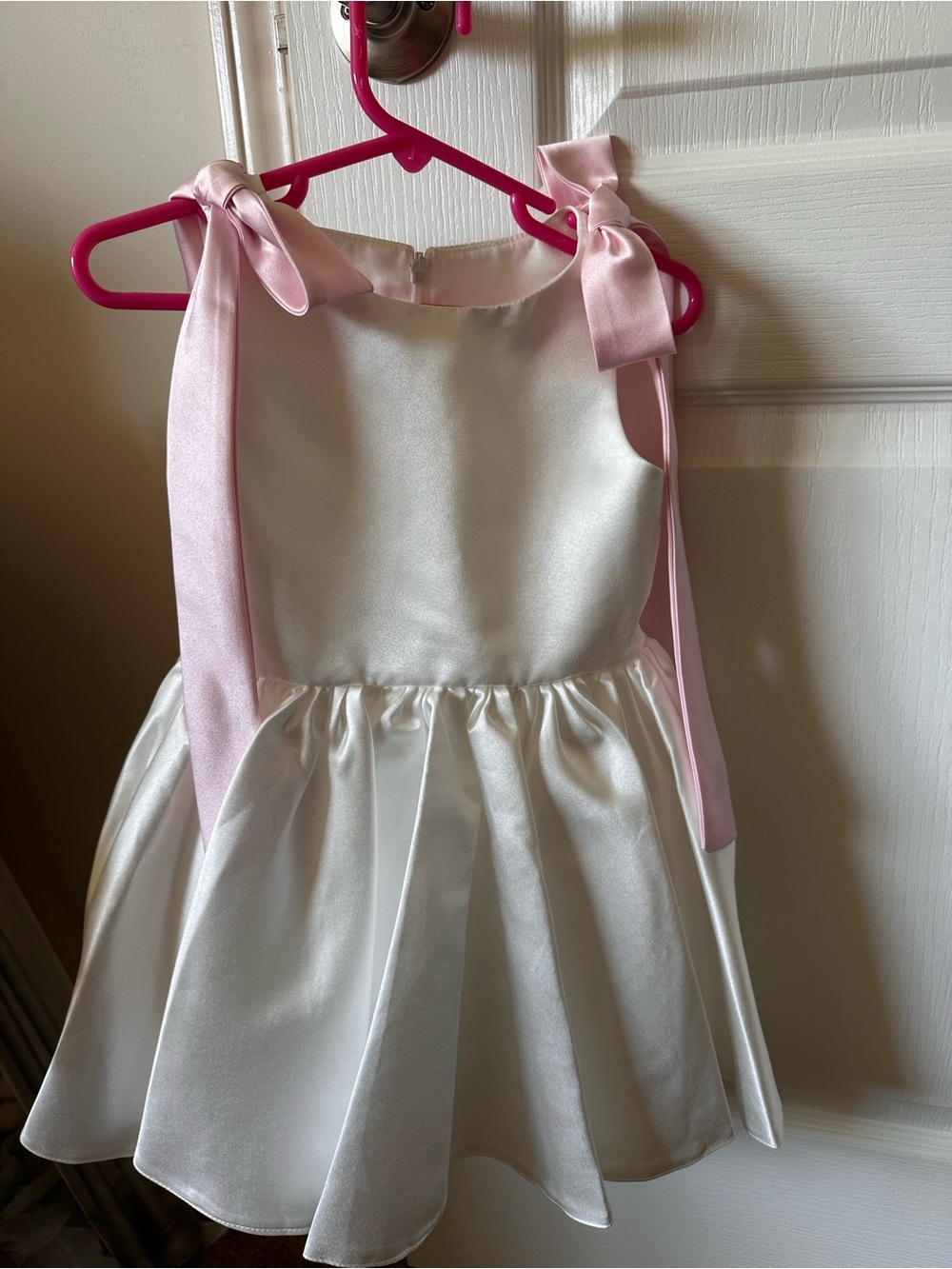 Flower Girl Satin White Dress with Pink Shoulder Ties